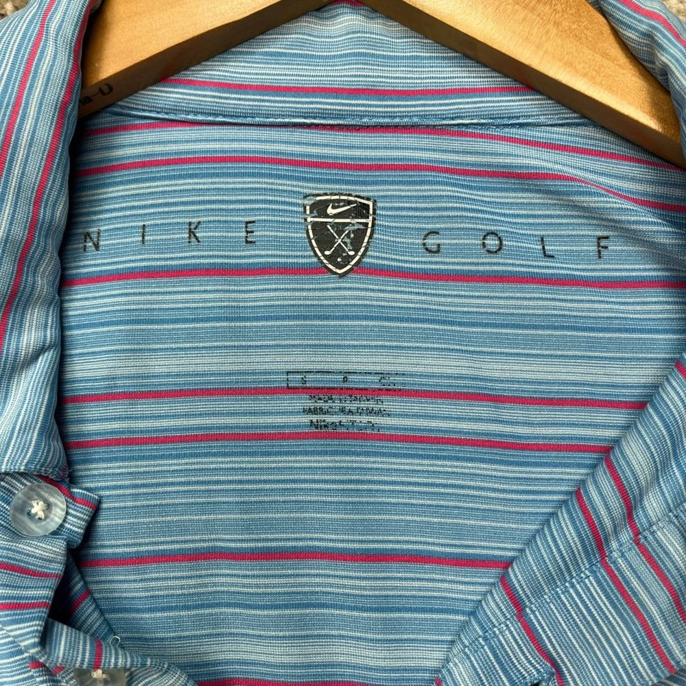 Nike Polo Shirt Men Small Blue Pink Stripe Short Sleeve Stretch Performance Golf